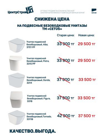 Популярные модели подвесных безободковых унитазов ТМ CETUS теперь дешевле 